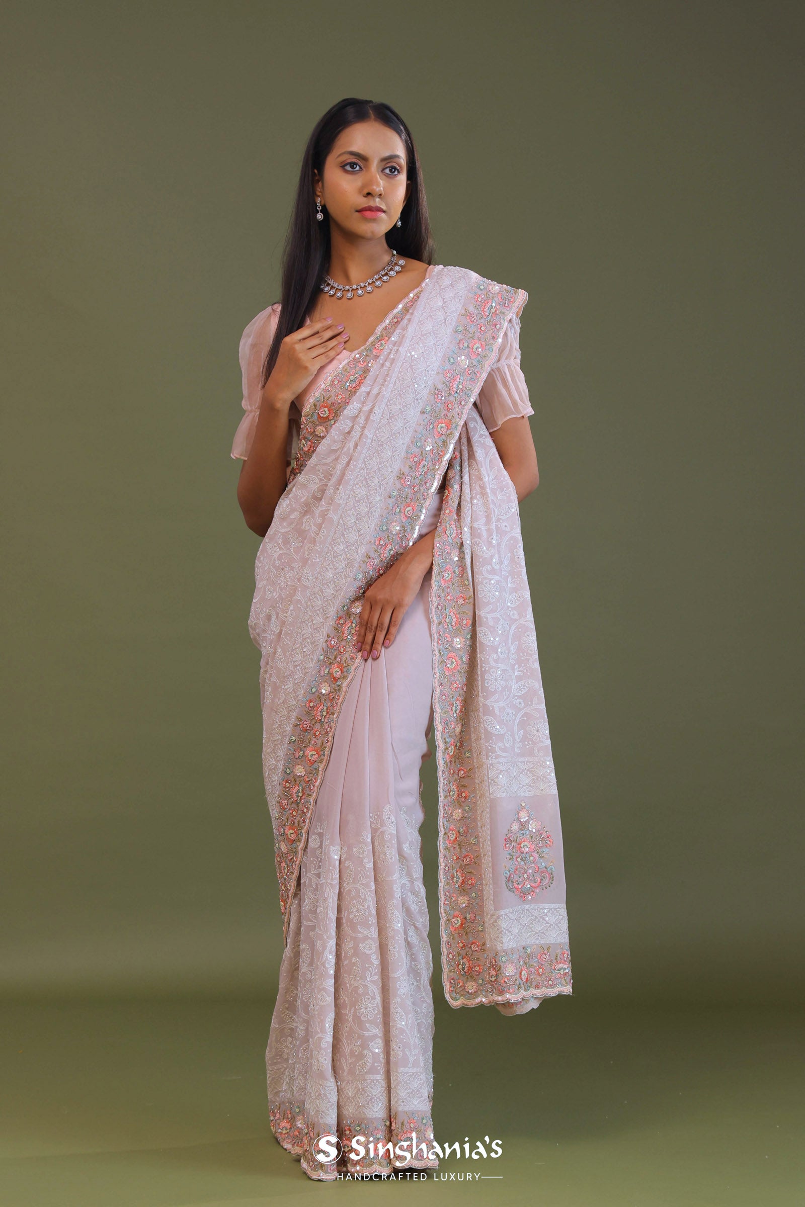 Soft Pink Georgette Embroidery Saree With Scallop Border