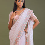 Soft Pink Georgette Embroidery Saree With Scallop Border