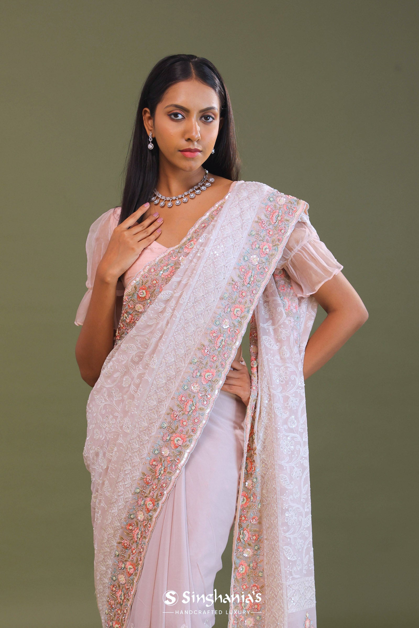 Soft Pink Georgette Embroidery Saree With Scallop Border