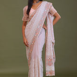 Soft Pink Georgette Embroidery Saree With Scallop Border