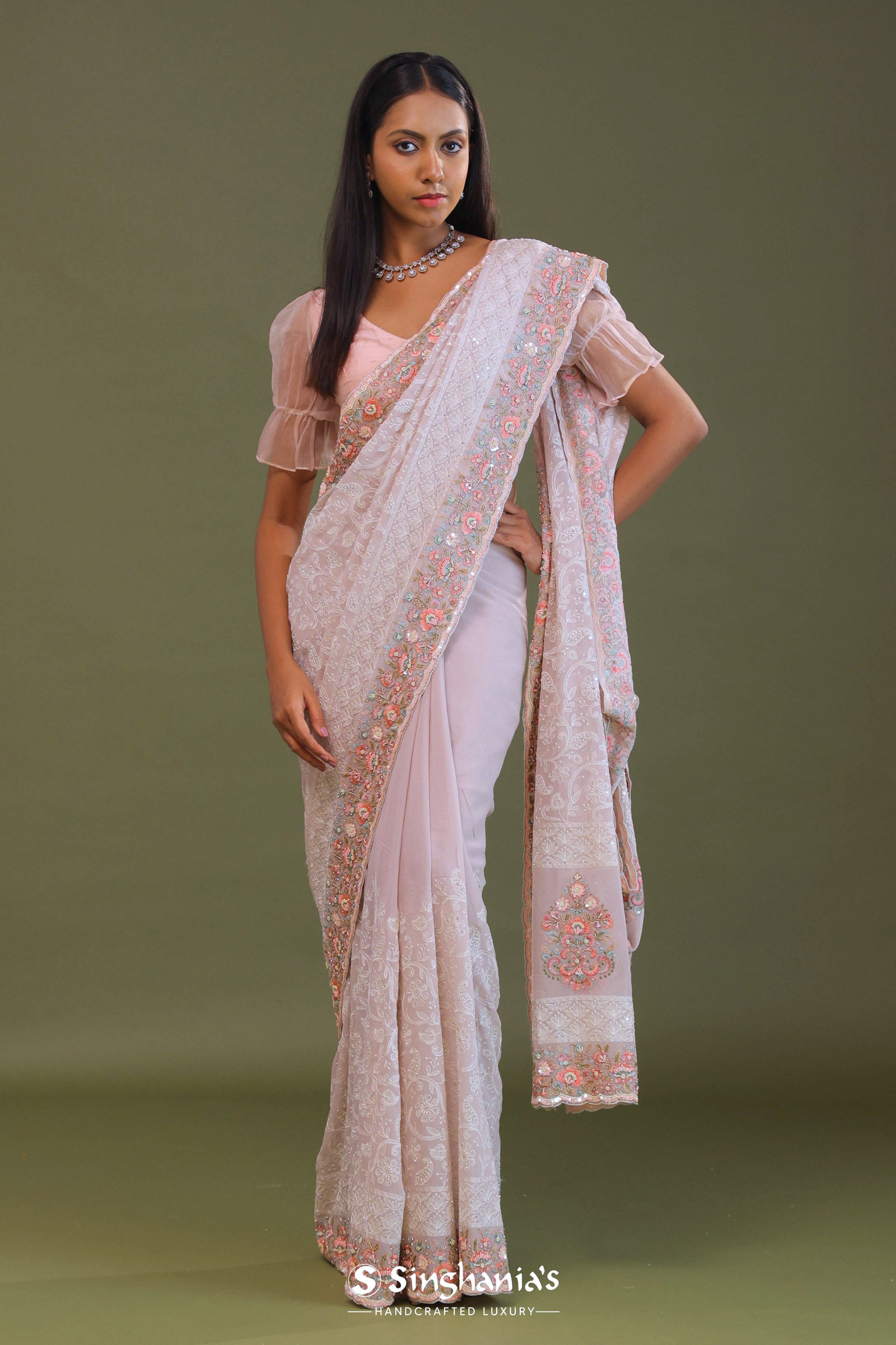 Soft Pink Georgette Embroidery Saree With Scallop Border