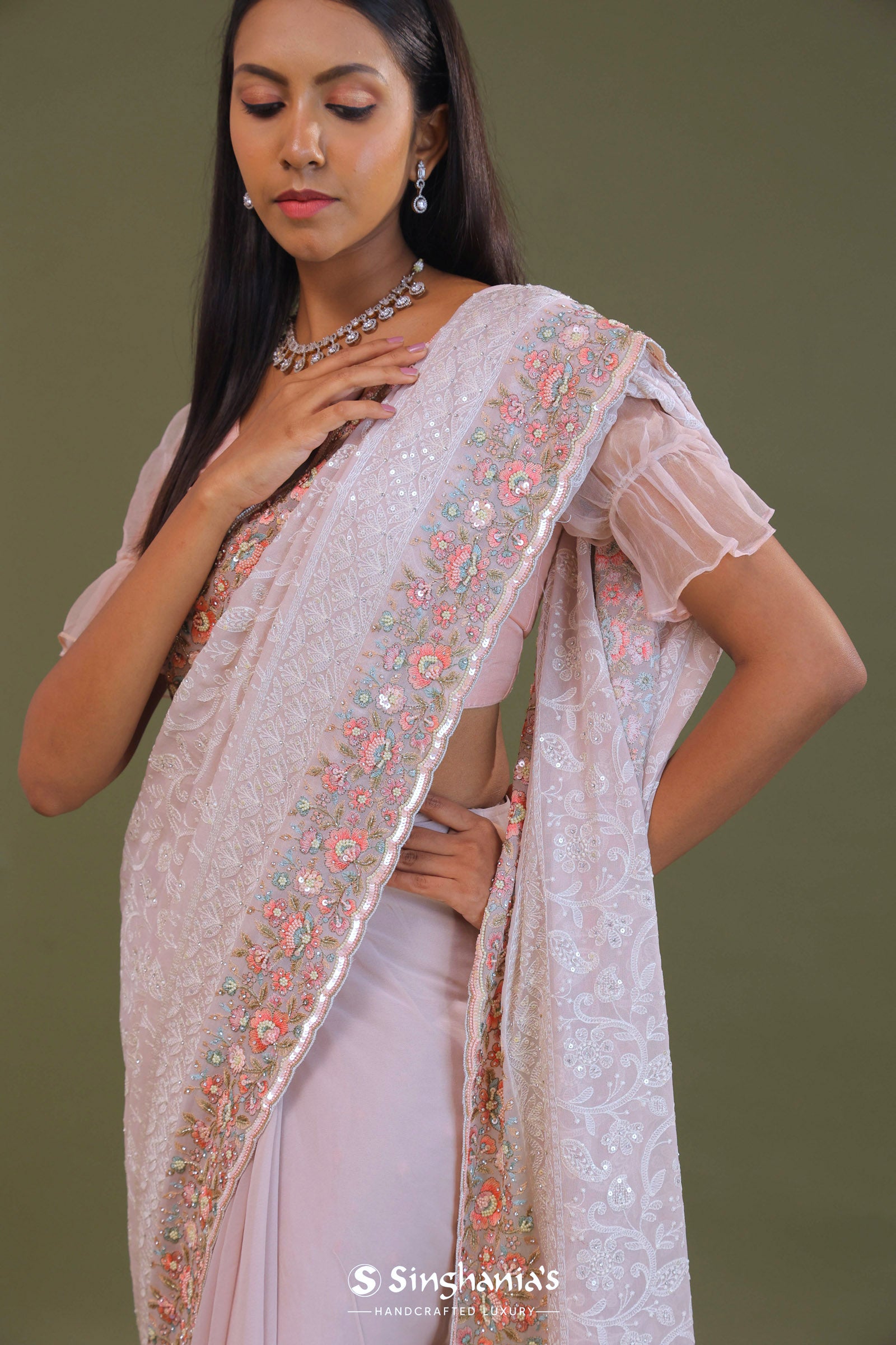 Soft Pink Georgette Embroidery Saree With Scallop Border