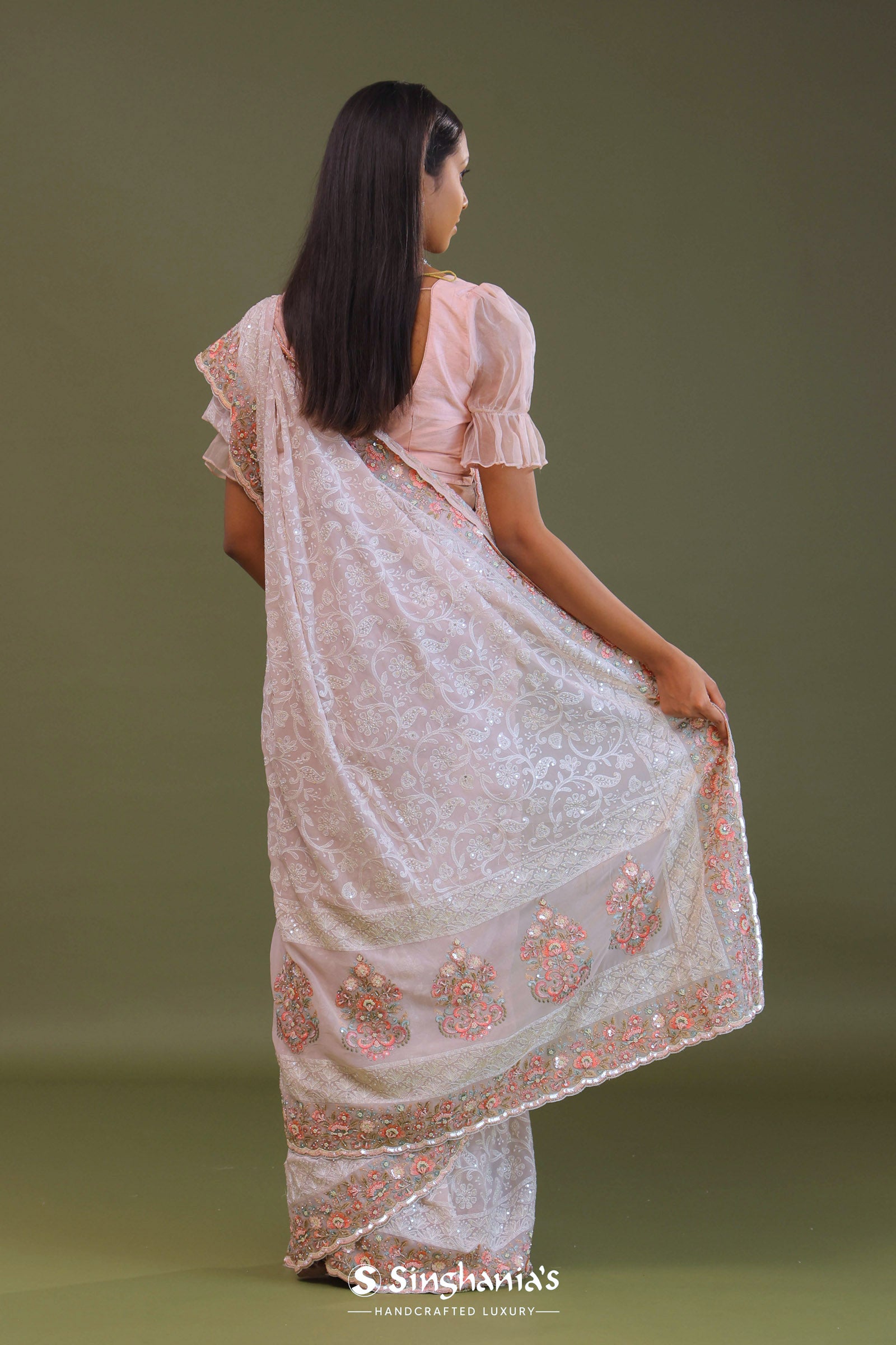 Soft Pink Georgette Embroidery Saree With Scallop Border