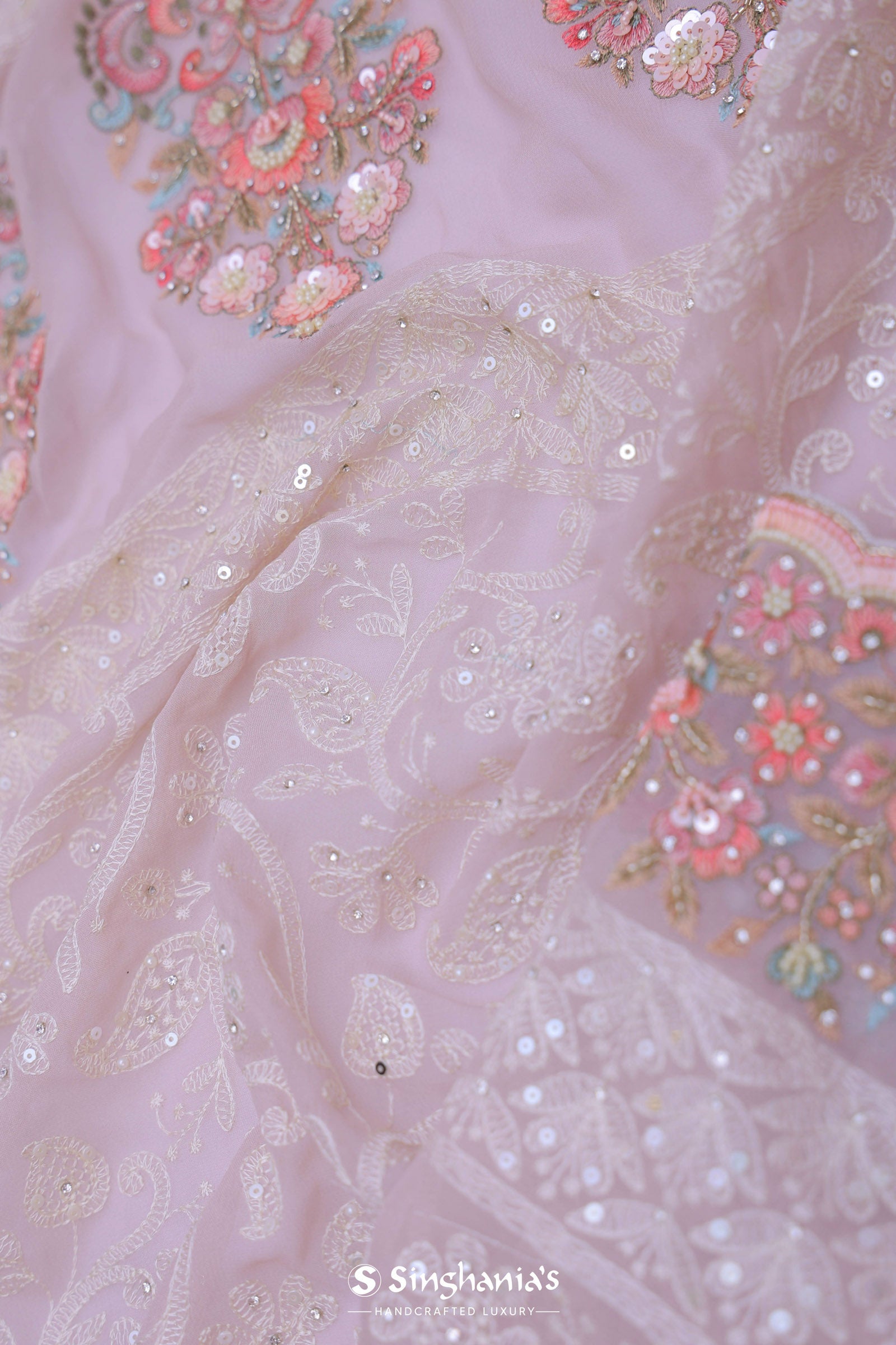 Soft Pink Georgette Embroidery Saree With Scallop Border