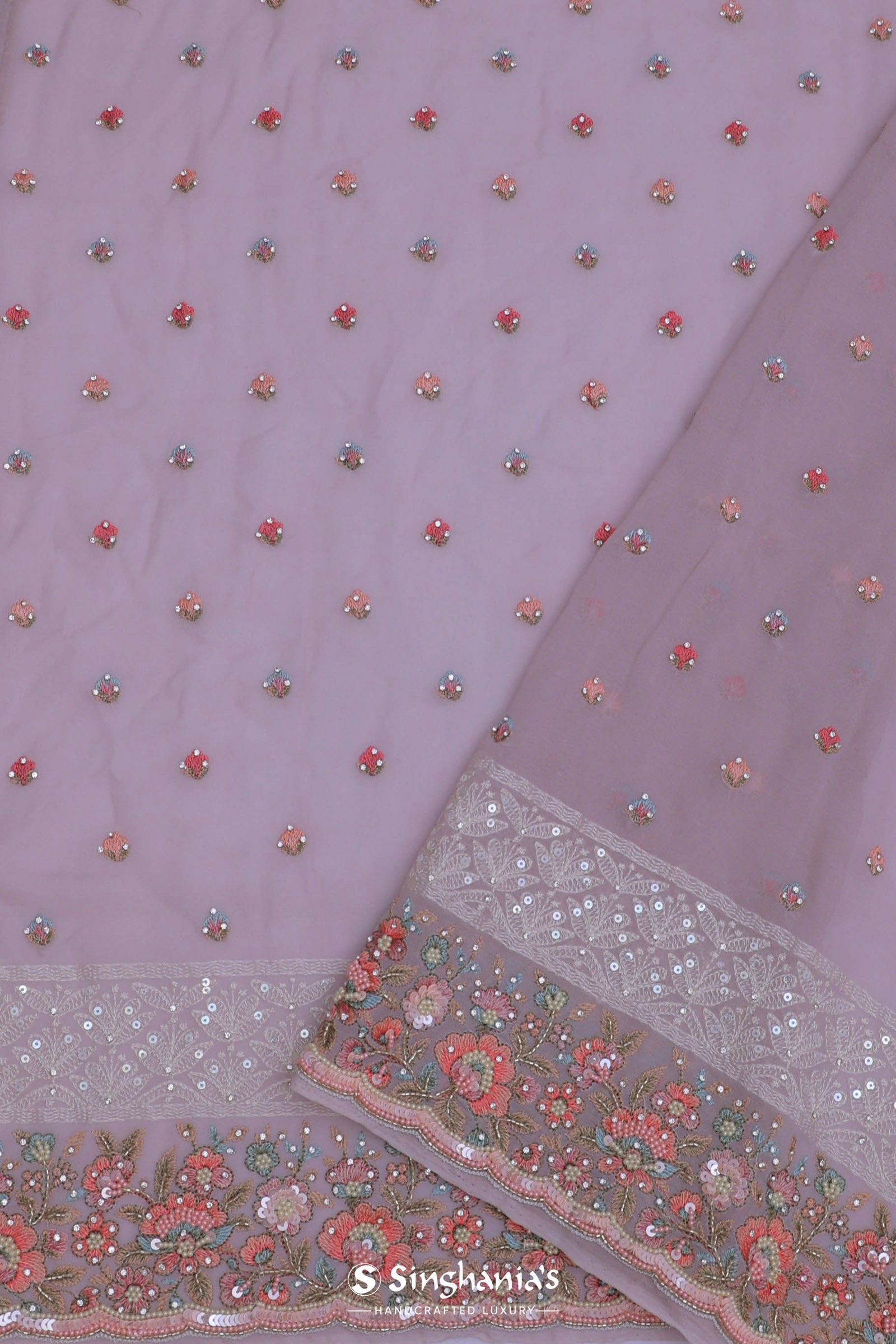 Soft Pink Georgette Embroidery Saree With Scallop Border