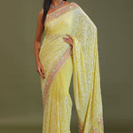 Soft Yellow Georgette Embroidery Saree With Scallop Border