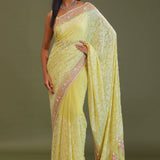 Soft Yellow Georgette Embroidery Saree With Scallop Border