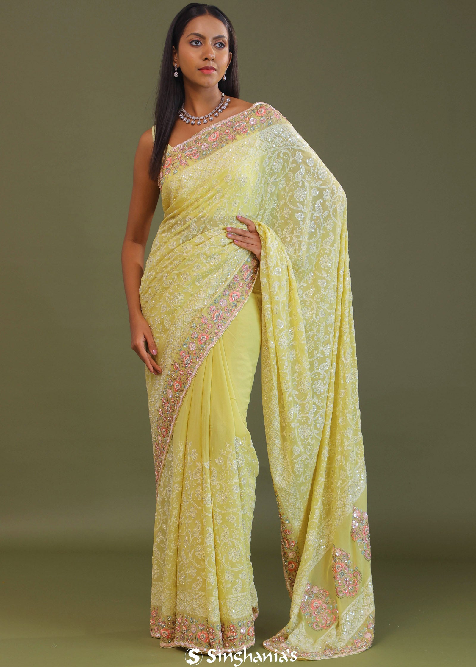 Soft Yellow Georgette Embroidery Saree With Scallop Border