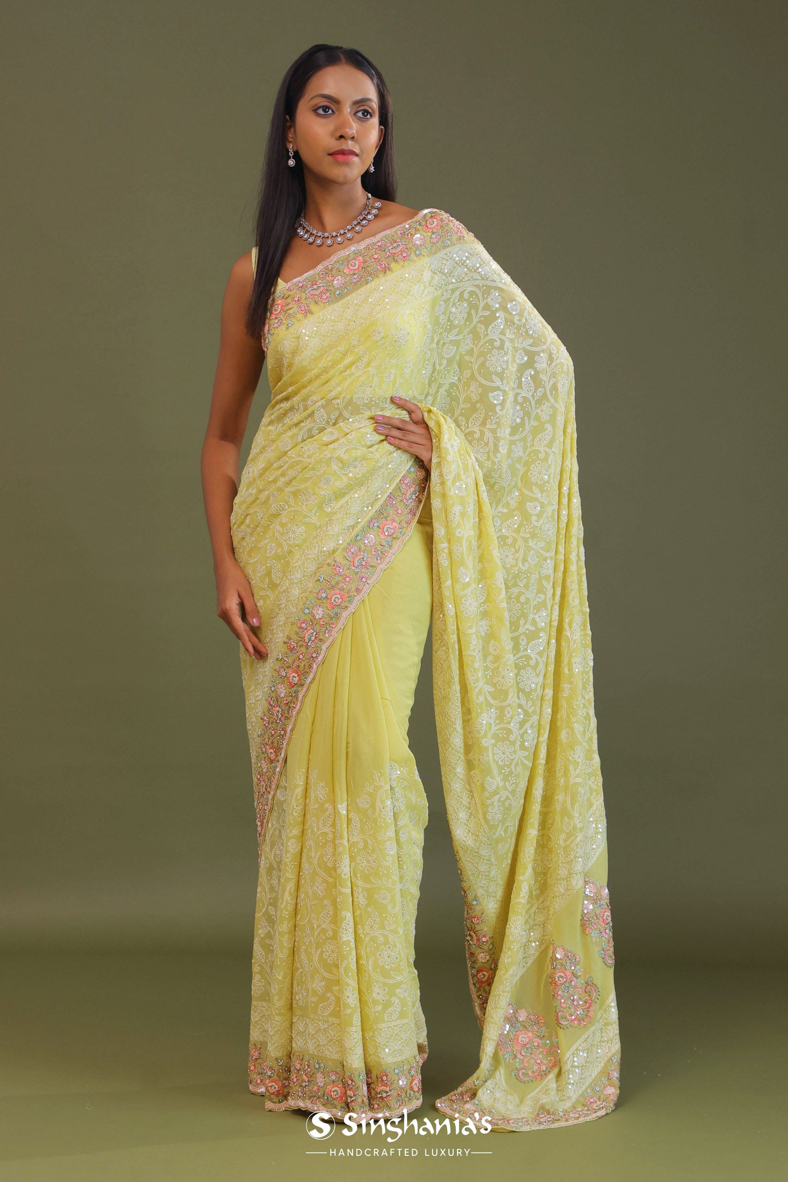 Soft Yellow Georgette Embroidery Saree With Scallop Border