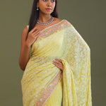 Soft Yellow Georgette Embroidery Saree With Scallop Border
