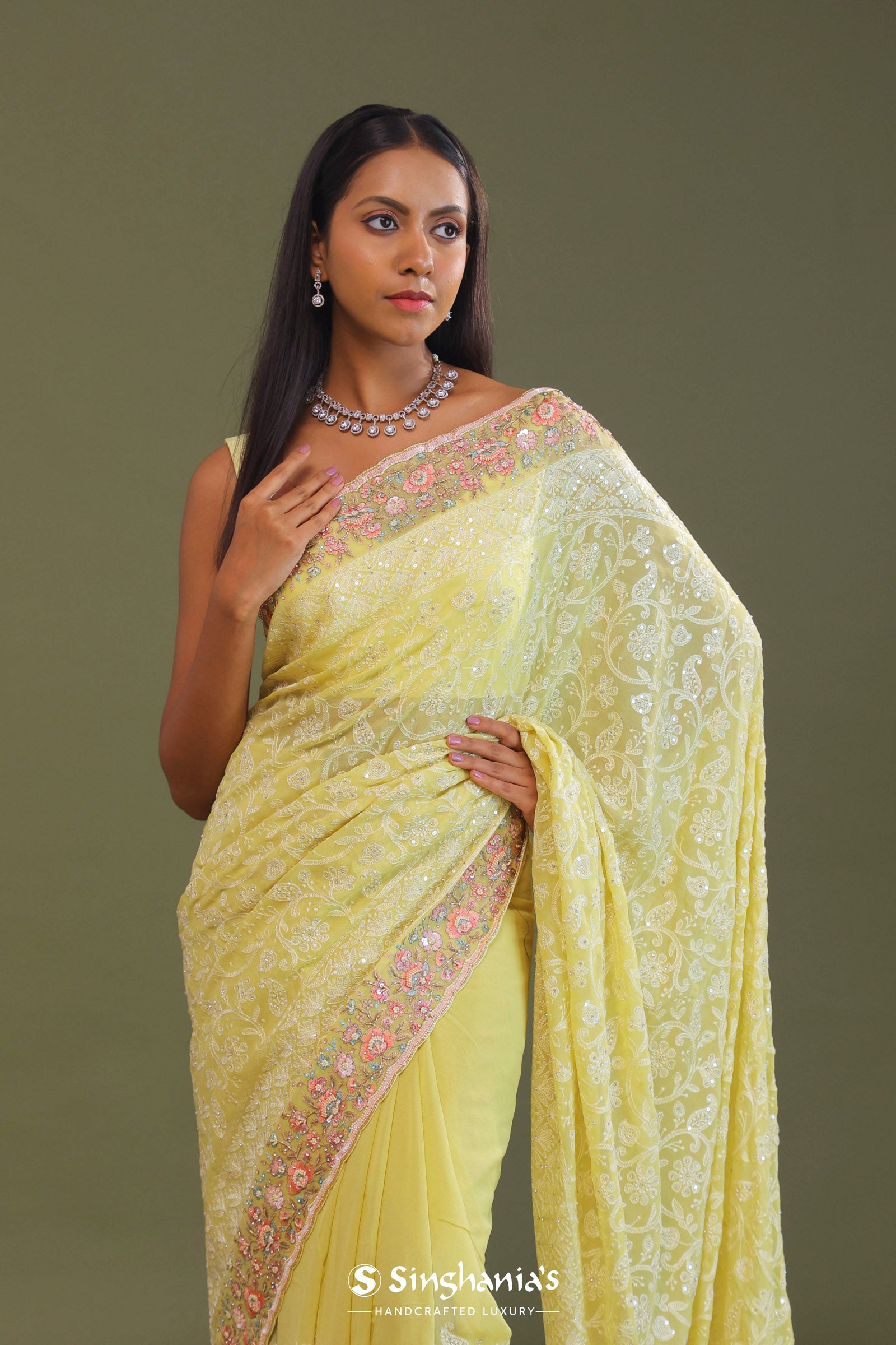 Soft Yellow Georgette Embroidery Saree With Scallop Border