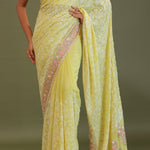 Soft Yellow Georgette Embroidery Saree With Scallop Border