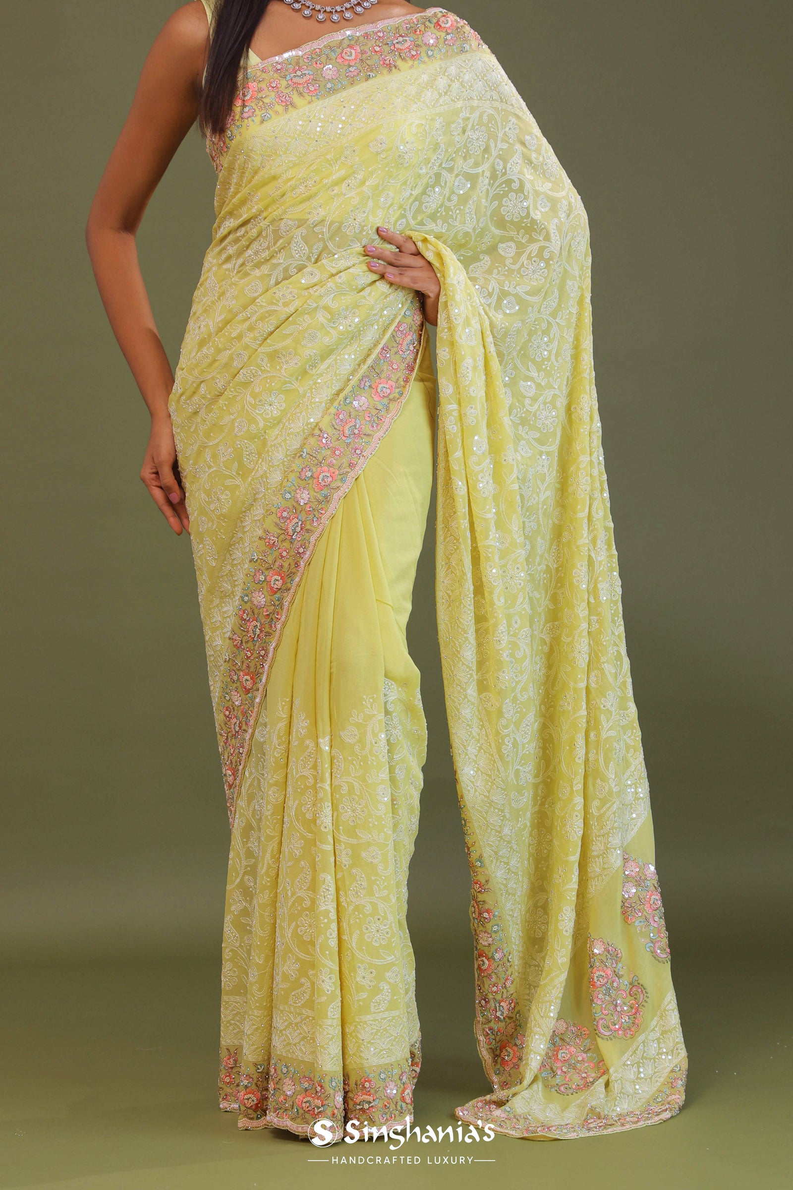 Soft Yellow Georgette Embroidery Saree With Scallop Border