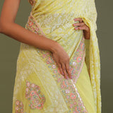 Soft Yellow Georgette Embroidery Saree With Scallop Border