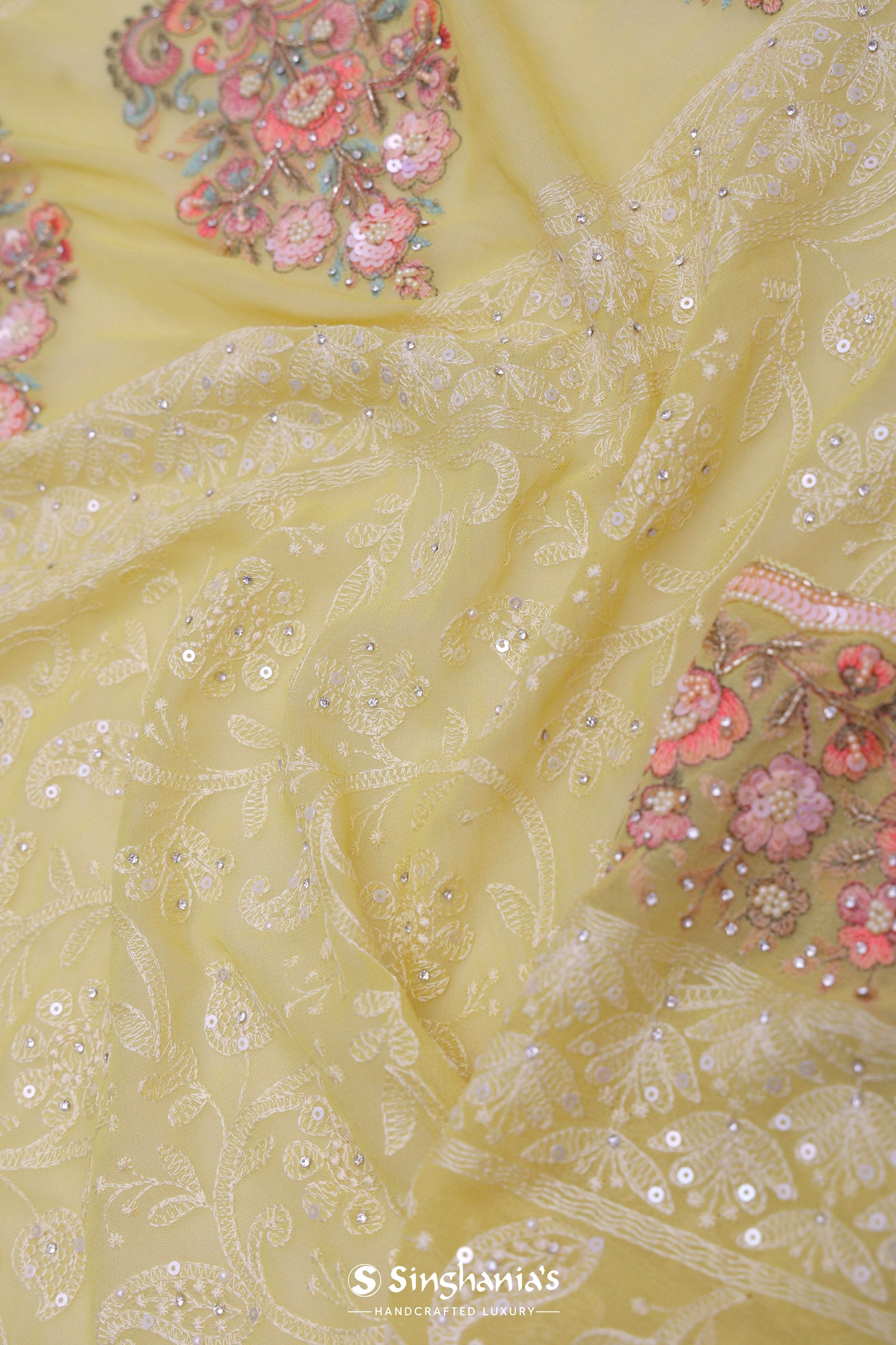 Soft Yellow Georgette Embroidery Saree With Scallop Border