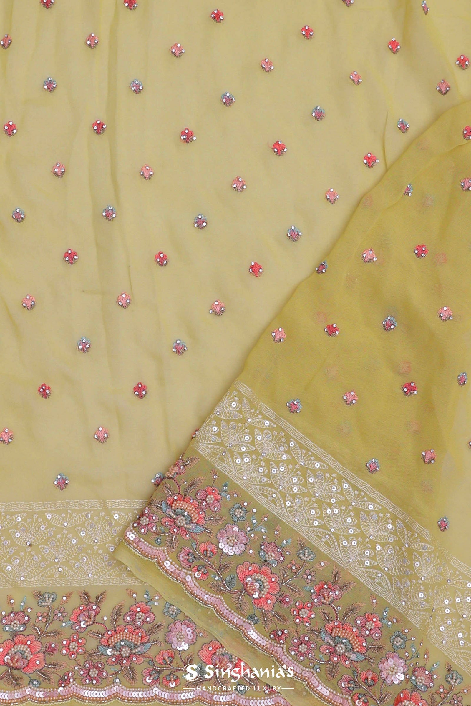 Soft Yellow Georgette Embroidery Saree With Scallop Border