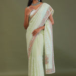 Soft Pistachio Green Georgette Embroidery Saree With Scallop Border