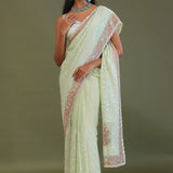 Soft Pistachio Green Georgette Embroidery Saree With Scallop Border