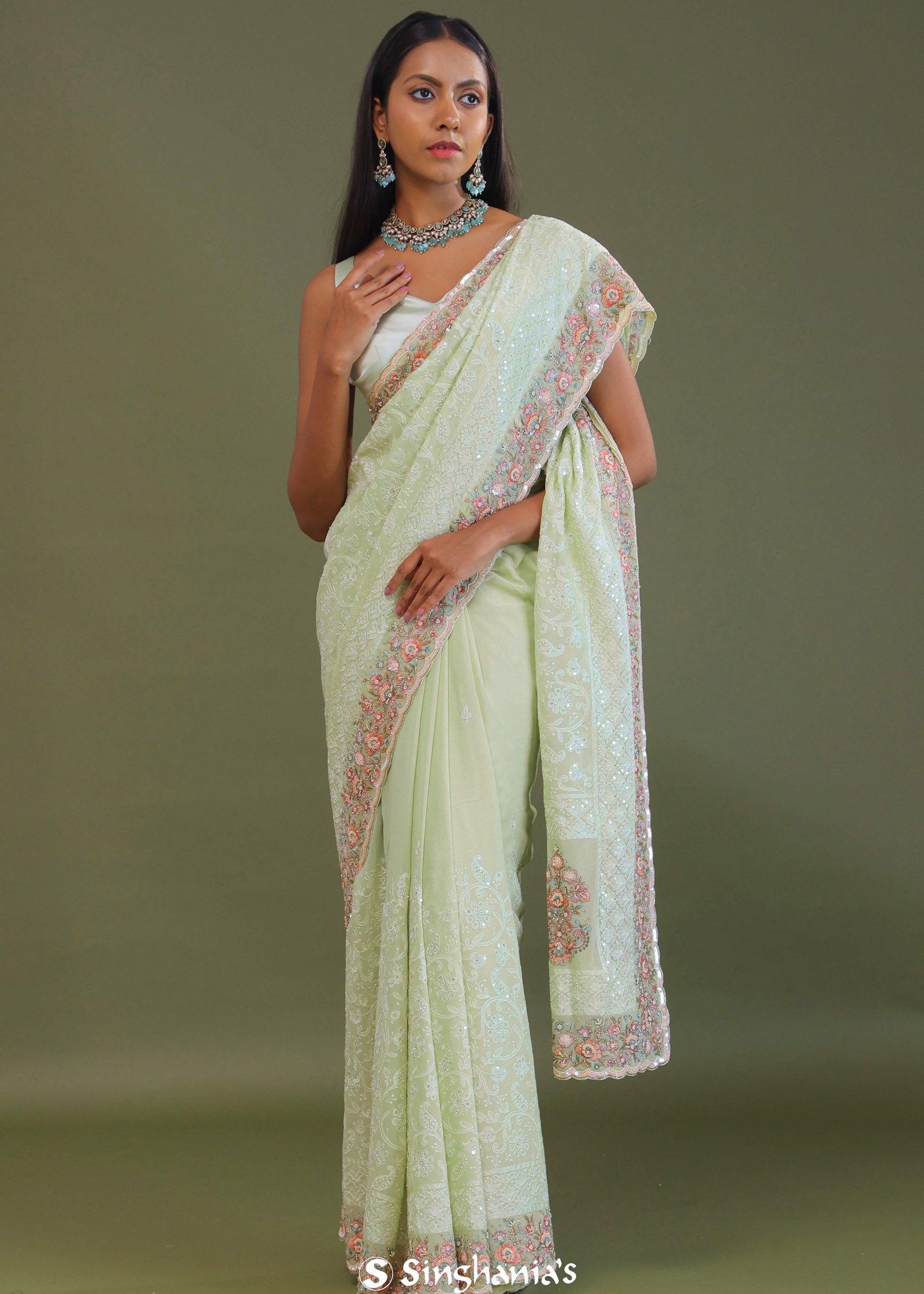 Soft Pistachio Green Georgette Embroidery Saree With Scallop Border