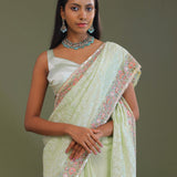 Soft Pistachio Green Georgette Embroidery Saree With Scallop Border
