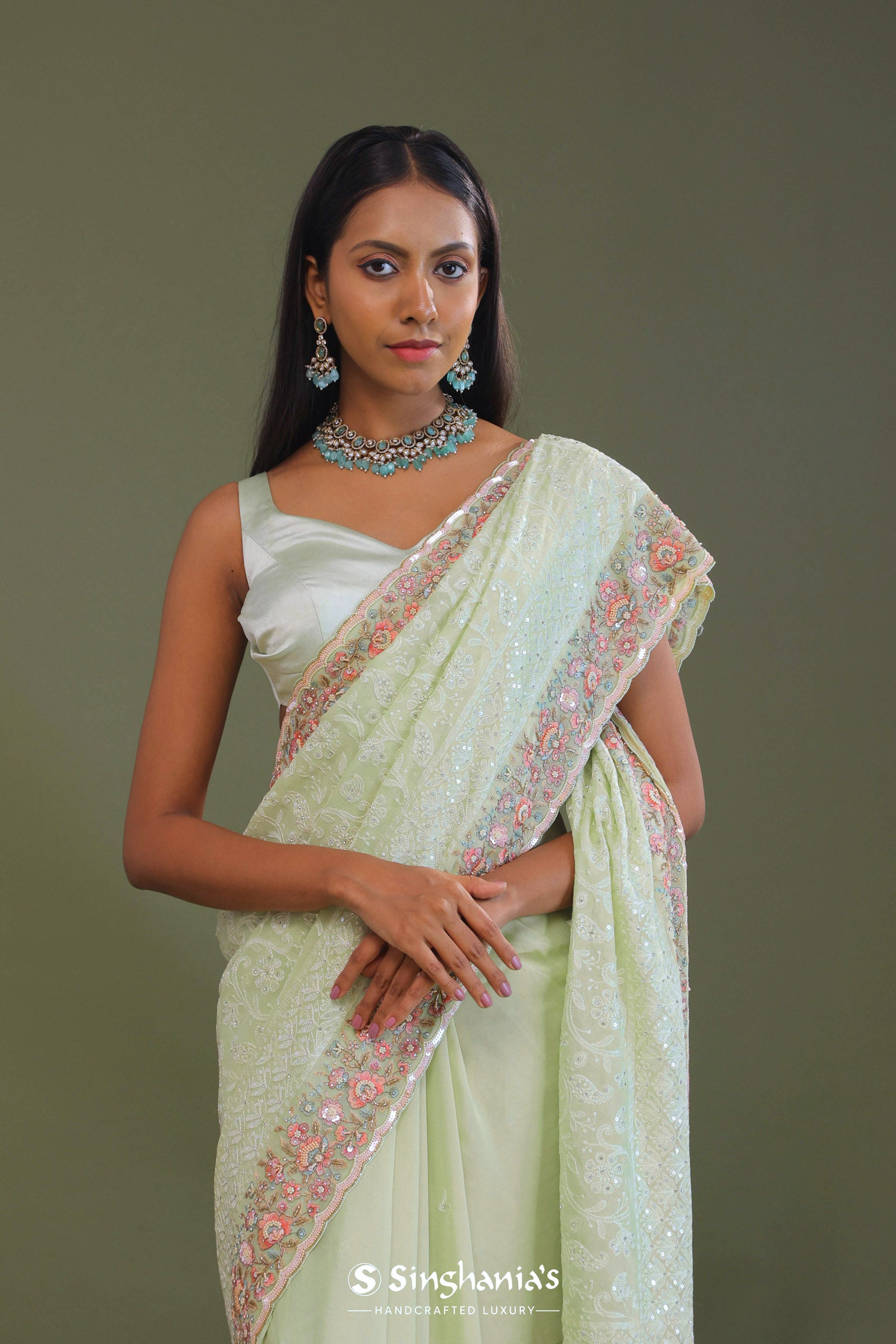 Soft Pistachio Green Georgette Embroidery Saree With Scallop Border