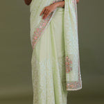 Soft Pistachio Green Georgette Embroidery Saree With Scallop Border