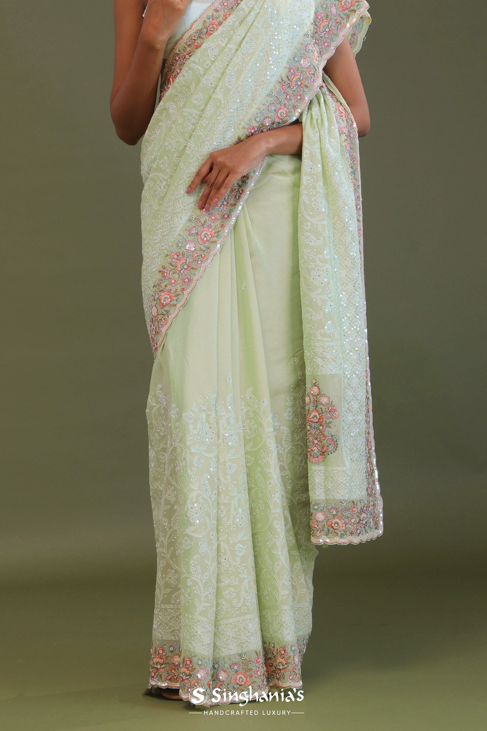 Soft Pistachio Green Georgette Embroidery Saree With Scallop Border