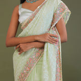 Soft Pistachio Green Georgette Embroidery Saree With Scallop Border