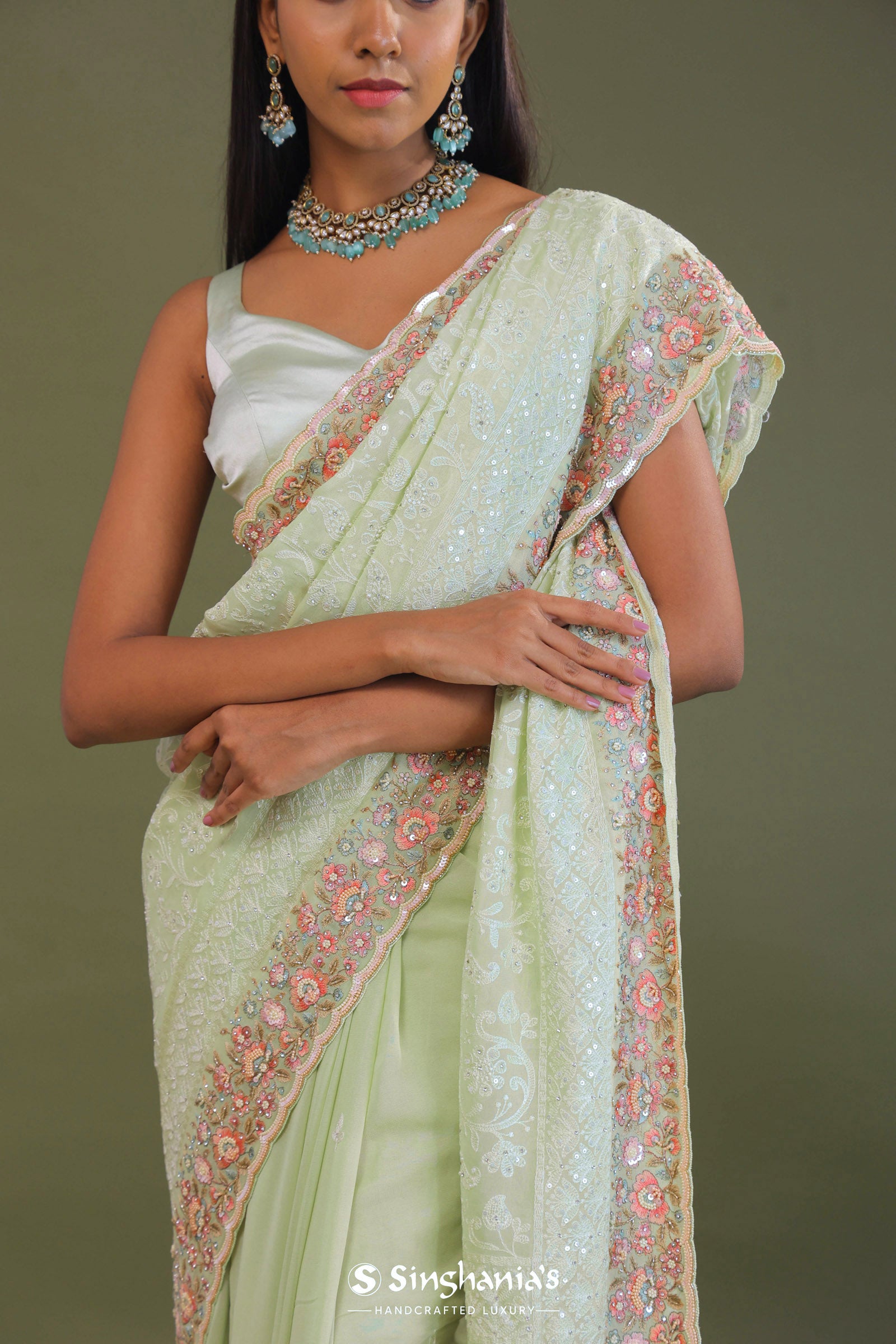 Soft Pistachio Green Georgette Embroidery Saree With Scallop Border