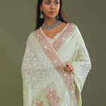 Soft Pistachio Green Georgette Embroidery Saree With Scallop Border