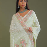 Soft Pistachio Green Georgette Embroidery Saree With Scallop Border