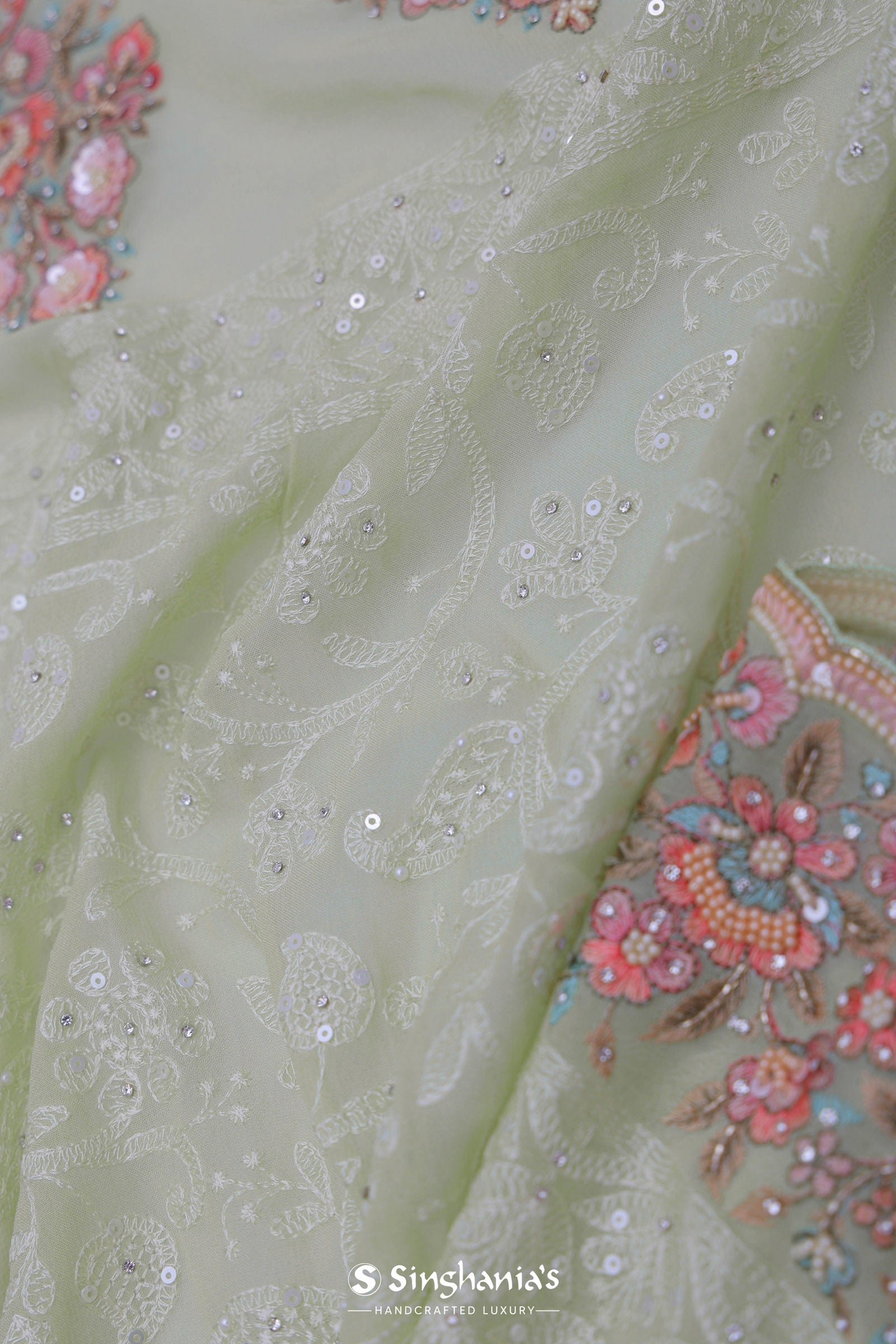 Soft Pistachio Green Georgette Embroidery Saree With Scallop Border