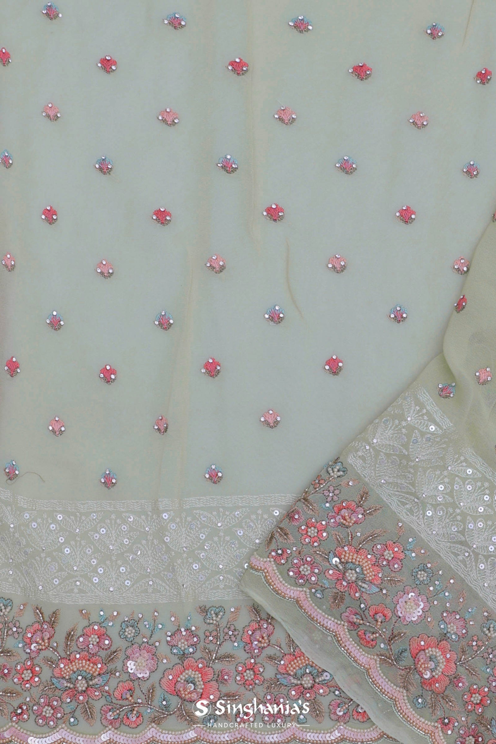 Soft Pistachio Green Georgette Embroidery Saree With Scallop Border