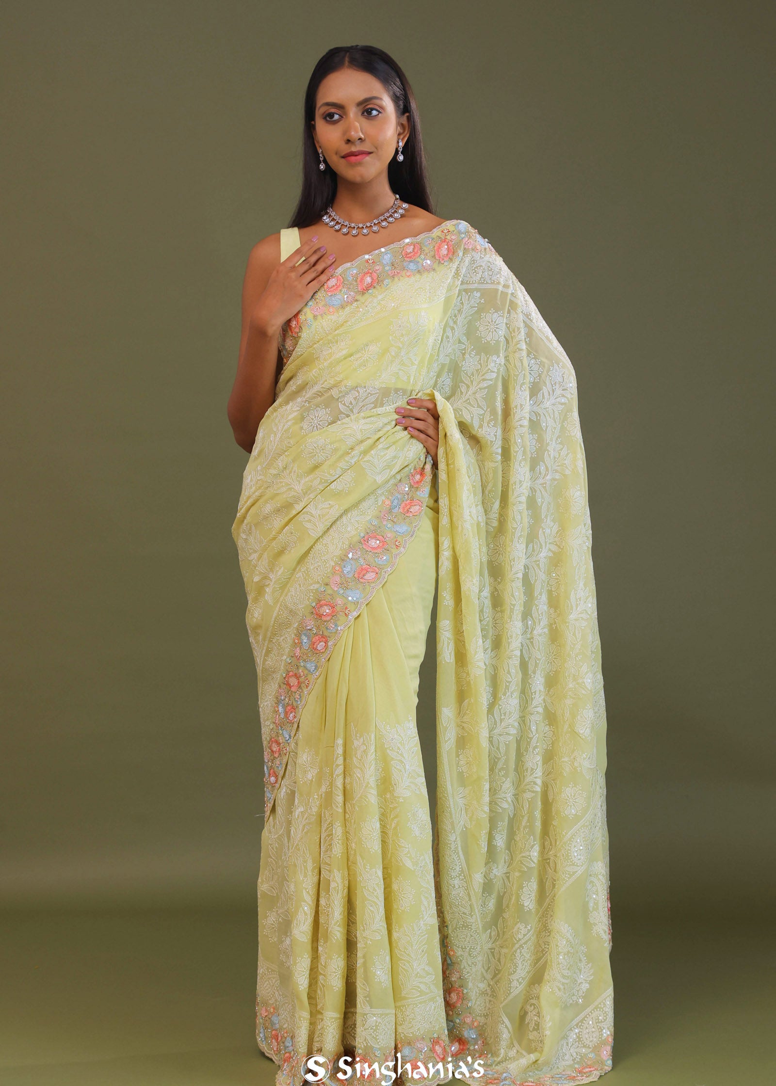 Yellow Georgette Embroidery Saree With Scallop Border