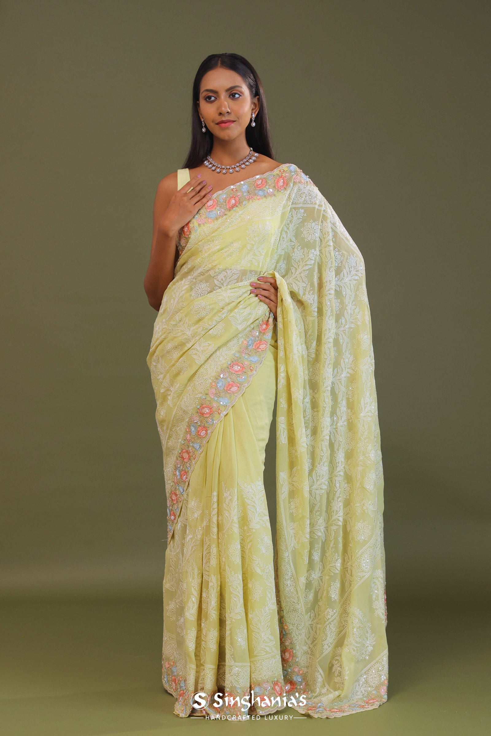 Yellow Georgette Embroidery Saree With Scallop Border