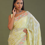 Yellow Georgette Embroidery Saree With Scallop Border