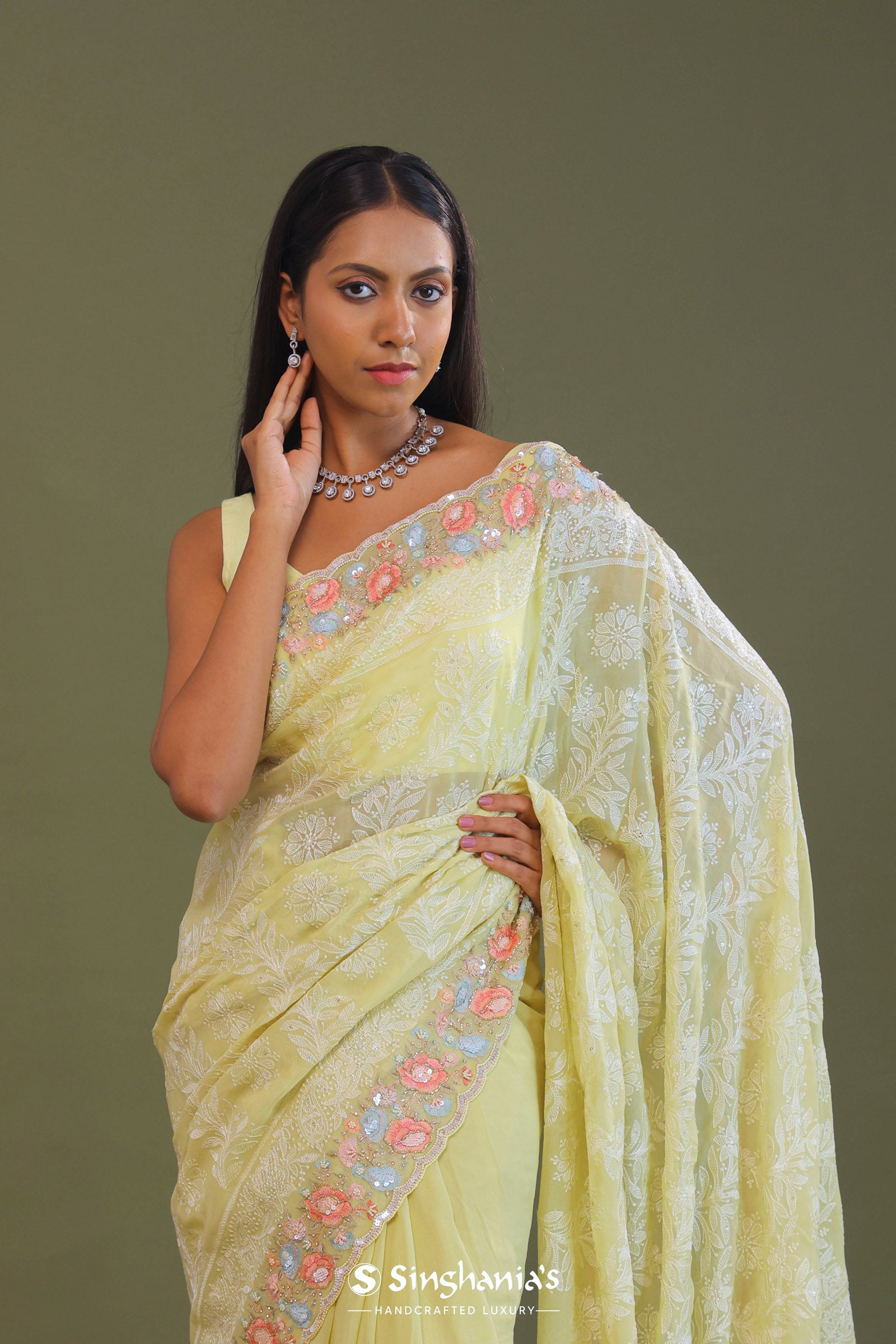 Yellow Georgette Embroidery Saree With Scallop Border