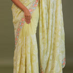 Yellow Georgette Embroidery Saree With Scallop Border