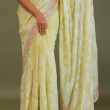 Yellow Georgette Embroidery Saree With Scallop Border