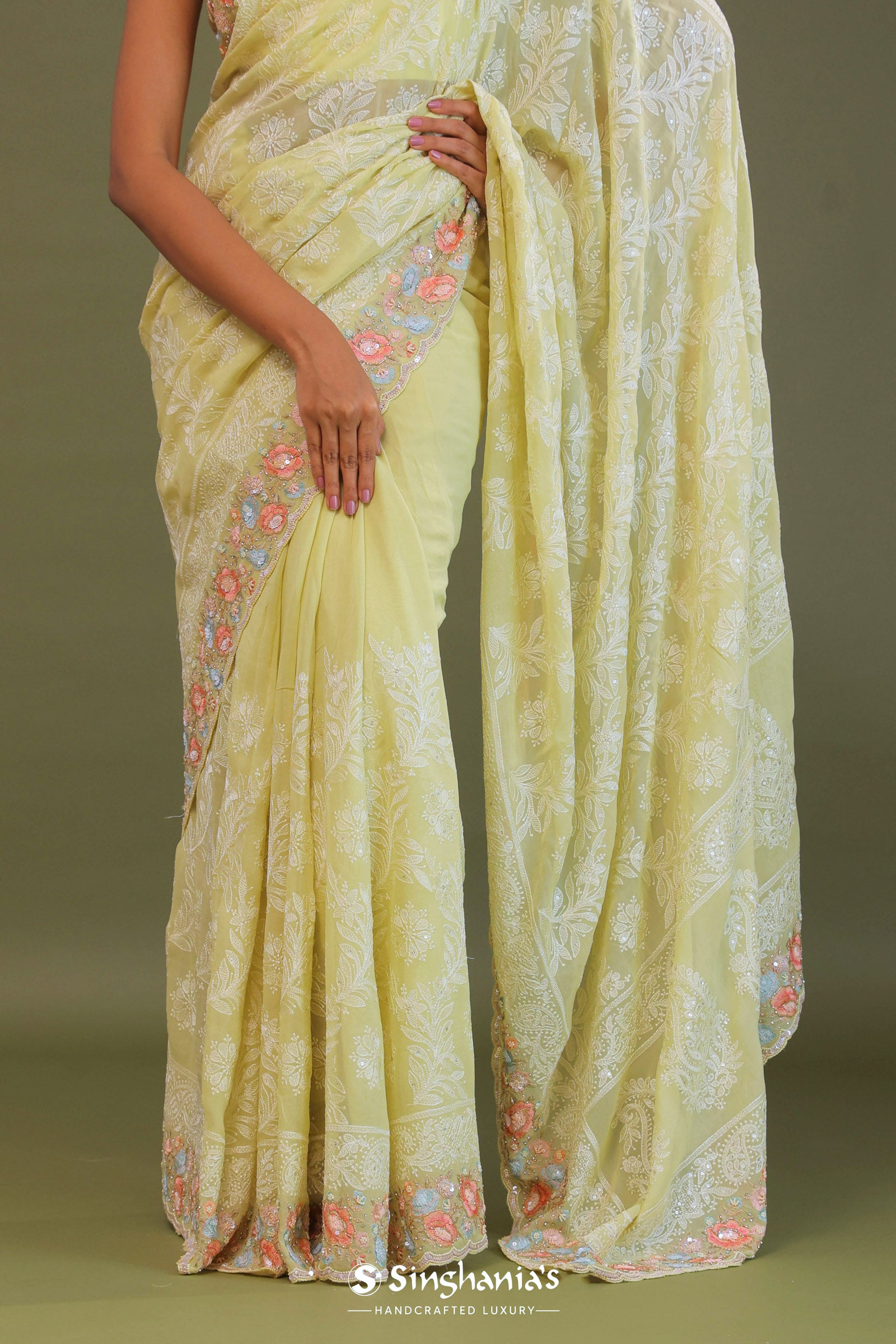 Yellow Georgette Embroidery Saree With Scallop Border