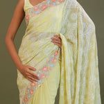 Yellow Georgette Embroidery Saree With Scallop Border