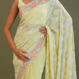 Yellow Georgette Embroidery Saree With Scallop Border
