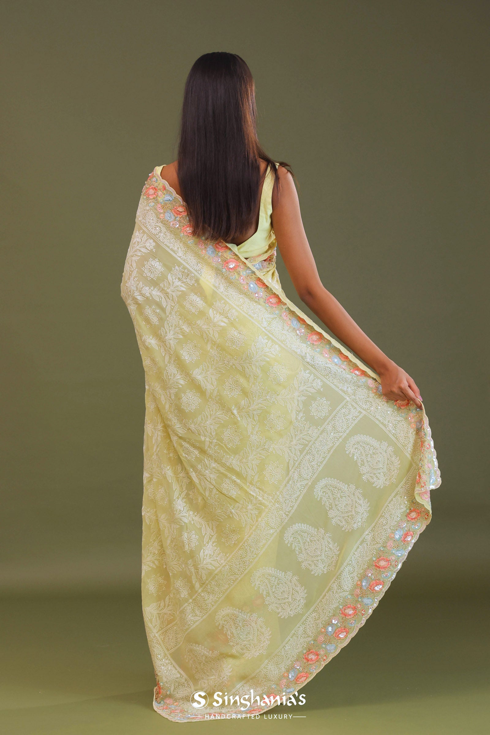 Yellow Georgette Embroidery Saree With Scallop Border