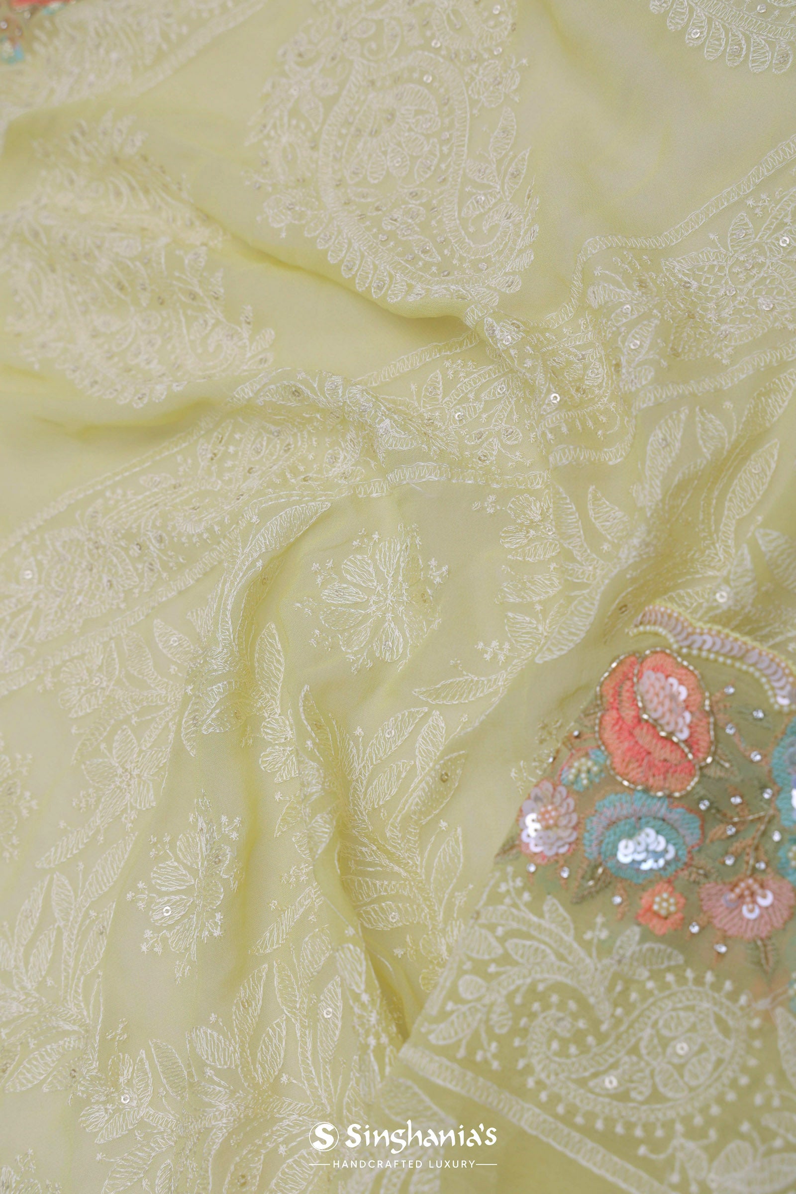 Yellow Georgette Embroidery Saree With Scallop Border