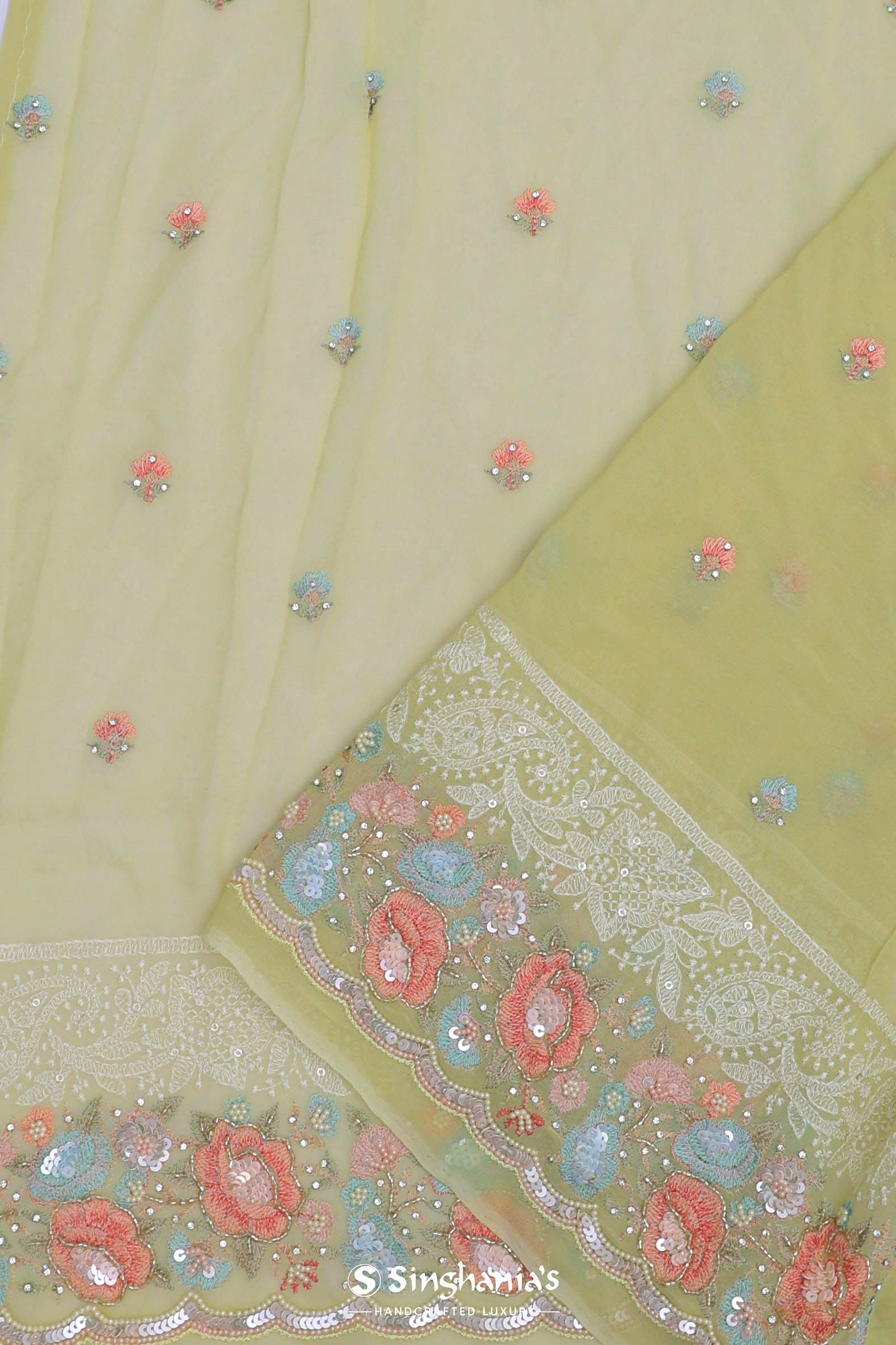 Yellow Georgette Embroidery Saree With Scallop Border