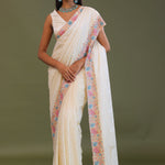 Cream Georgette Embroidery Saree With Scallop Border