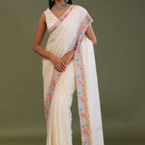 Cream Georgette Embroidery Saree With Scallop Border
