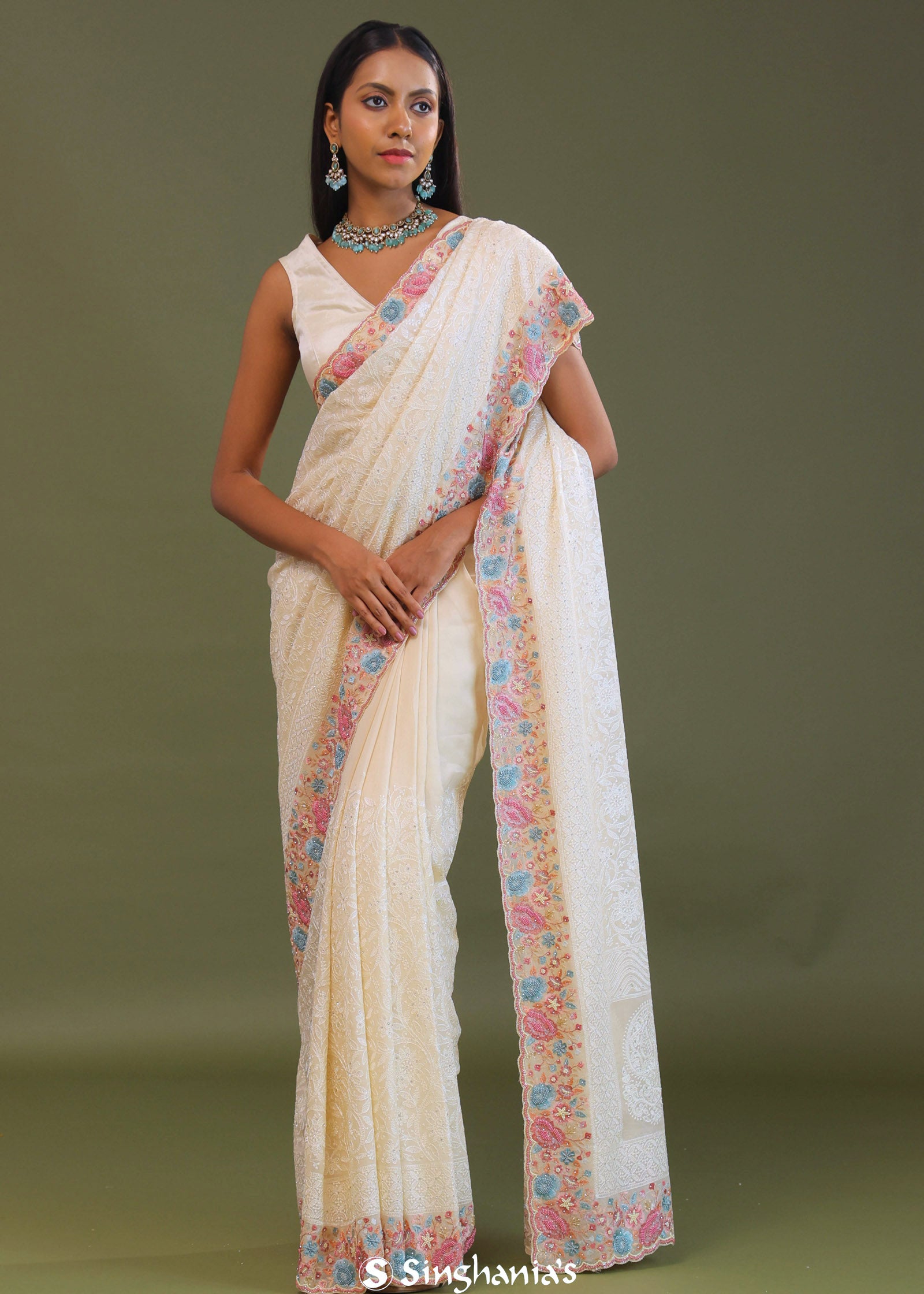 Cream Georgette Embroidery Saree With Scallop Border
