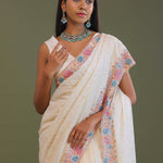 Cream Georgette Embroidery Saree With Scallop Border