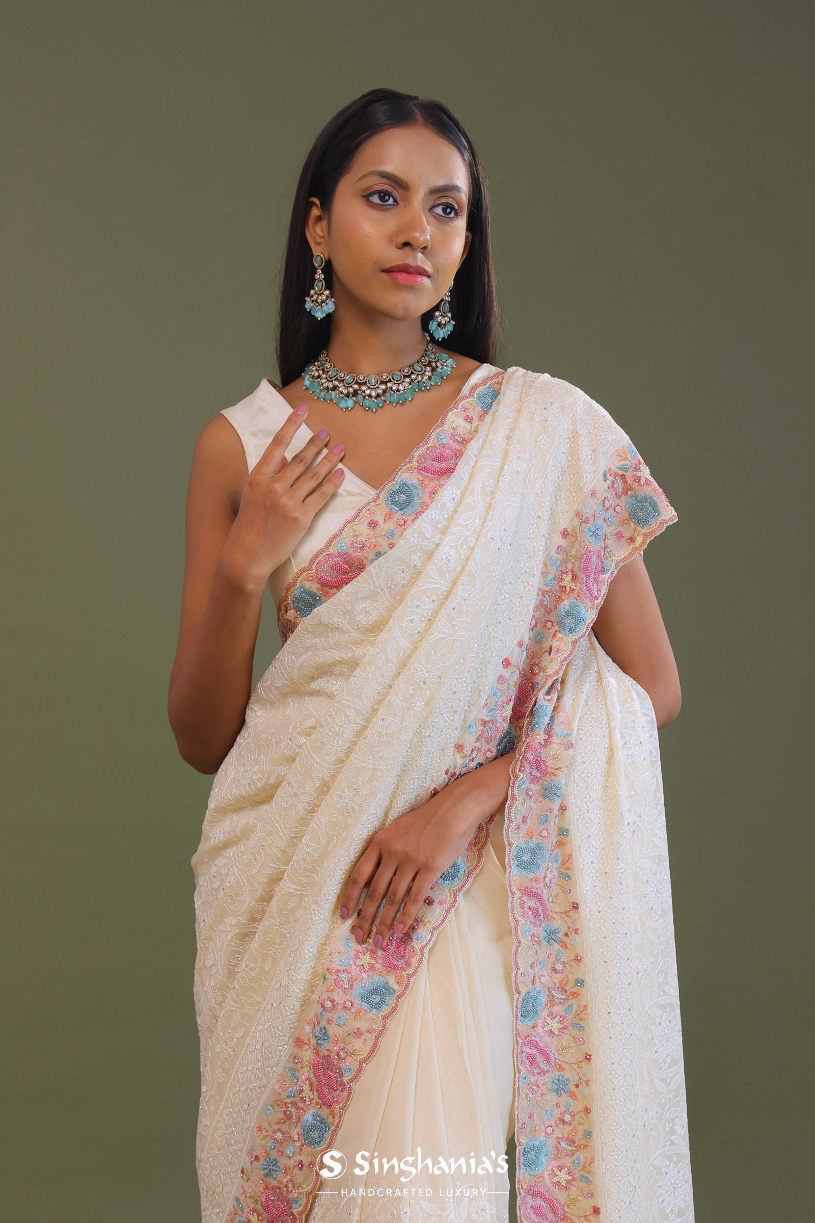 Cream Georgette Embroidery Saree With Scallop Border